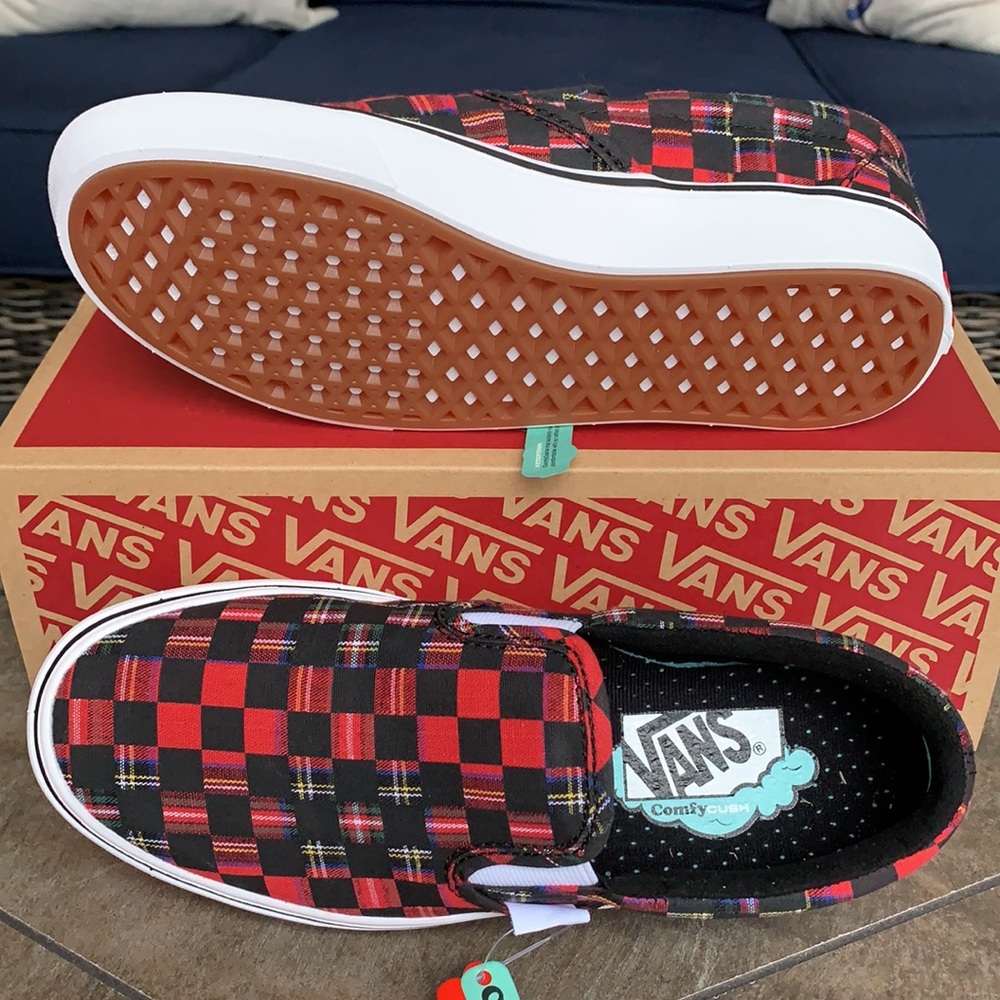 VANS COMFYCUSH SLIP ON PLAID CHECK RED/TRWHT WMNS - Picture 6 of 16